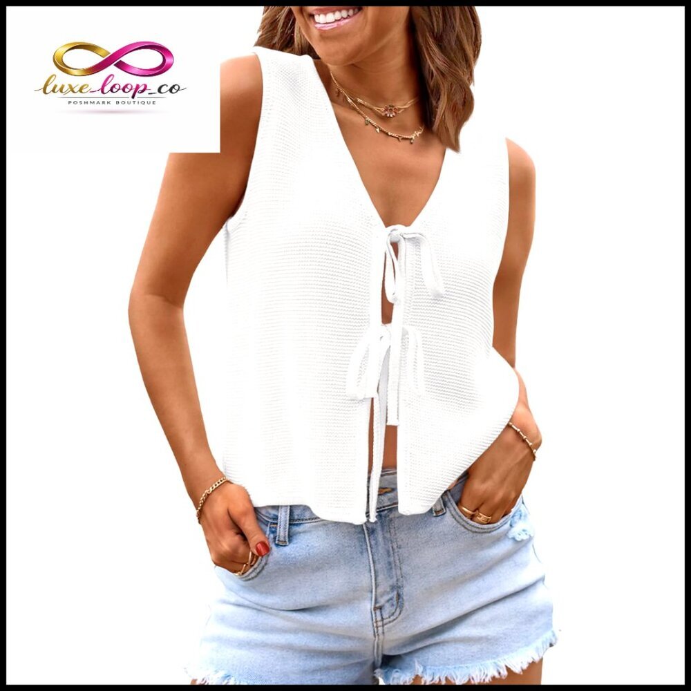 Crochet Sweater Vest Tank Top Tie Front Sleeveless V-Neck Summer Beach